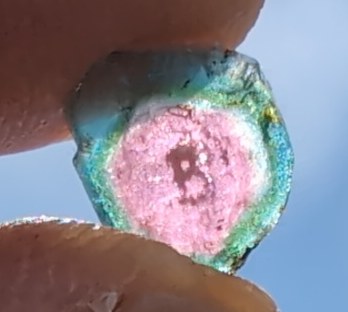 A small watermelon tourmaline slice held between finger and thumb against a blue sky, backlit by the sun, showing a pink core, a pale rim and a blue-green outer edge.